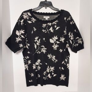 Women's Croft & Barrow Black & White Floral Short Sleeve Knit Sweater Size L